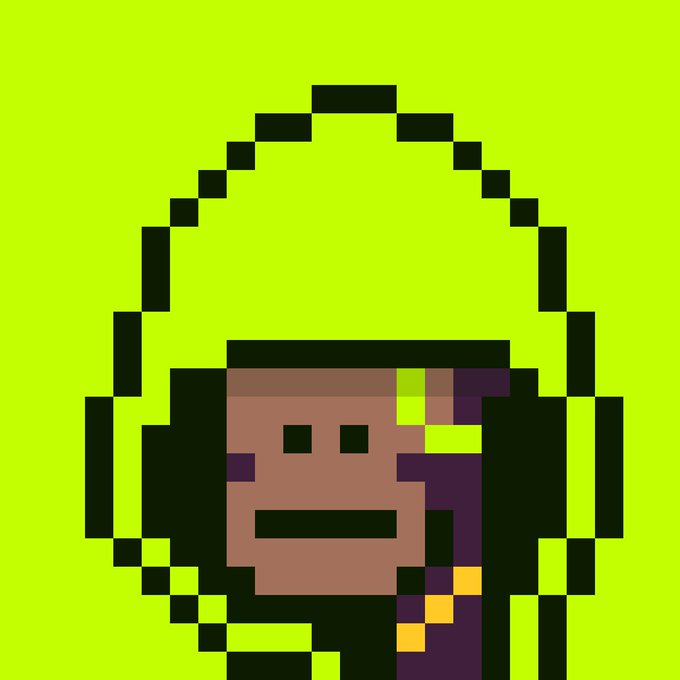 A pixel art image featuring a stylized character with dark skin wearing large headphones against a bright lime green background, rendered in a blocky retro style.