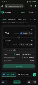 A screenshot of a mobile trading app called Kyberswap showing a swap interface to exchange 524 EURC to WETH, with details on exchange rates, gas fees, and price impact.