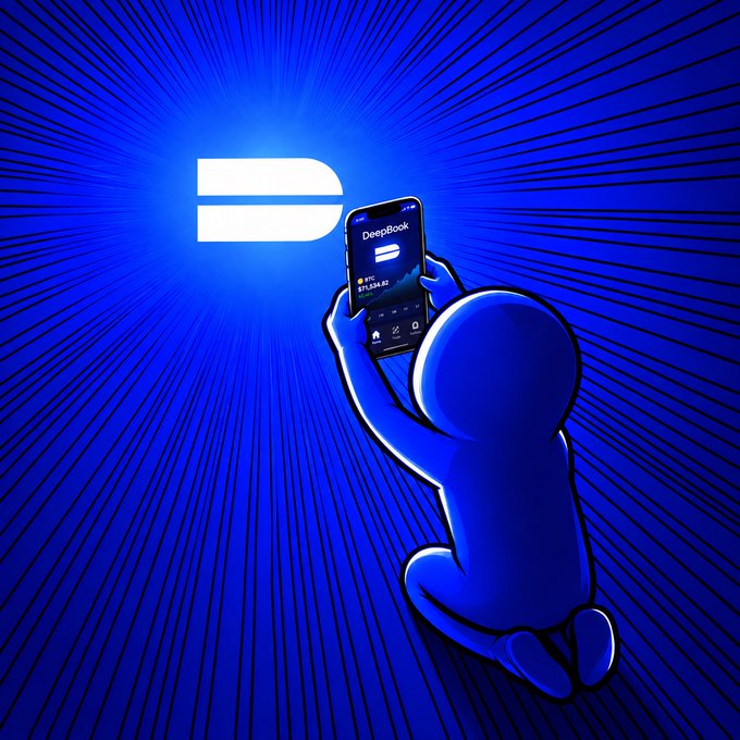 A blue-tinted 3D illustration shows a hooded figure holding a smartphone displaying the DeepBook app with a balance of $3,534.42, set against a glowing blue background with radiating lines and a stylized DeepBook logo.