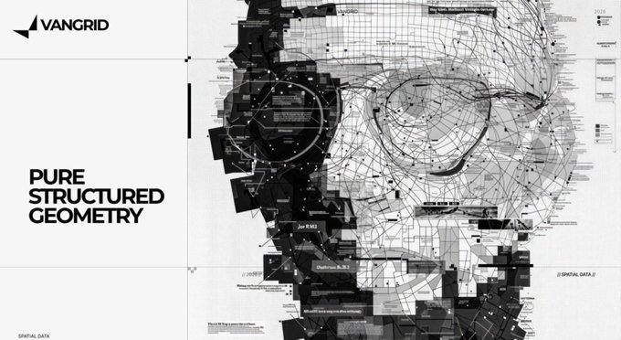 A black and white architectural or data visualization graphic with the text 'VANGRID' and 'PURE STRUCTURED GEOMETRY' on the left side.