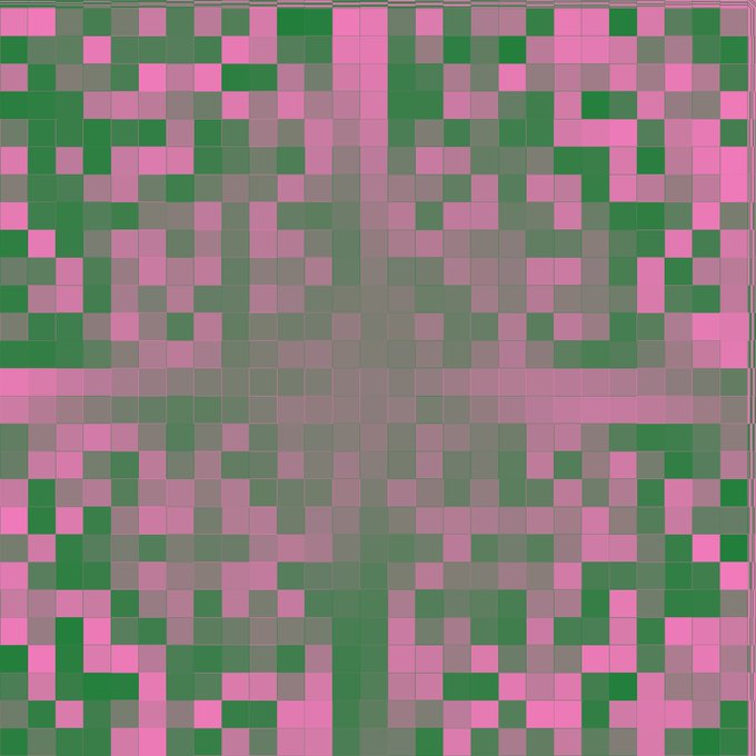 An abstract pixelated mosaic pattern composed of pink and green square tiles arranged in a random distribution.