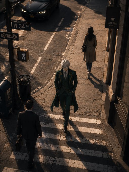 A silver-haired man in a sharp green suit and long coat strides confidently across a crosswalk at the intersection of W 34 St, while pedestrians and a BMW go about their day on a sunlit city street. The bold, cinematic composition channels the confident, "big day" energy of the post—turning an ordinary commute into a power move.