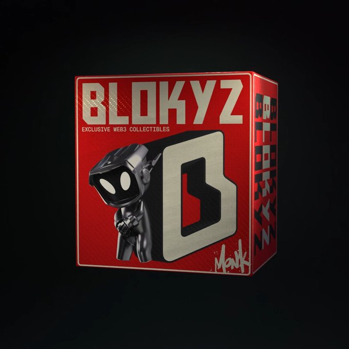 A red product box for 'BLOKYZ EXCLUSIVE WEB3 COLLECTIBLES' features a black stylized 3D character, the brand's logo, and the name 'Maki' in white script.