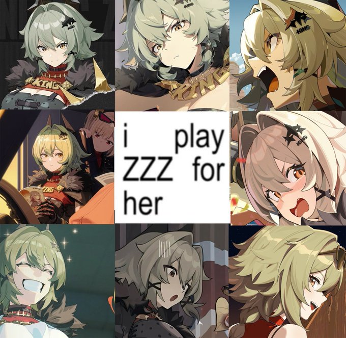 A fan collage featuring multiple portraits of a green-haired anime character, with the central text reading 'i play ZZZ for her', referencing Zenless Zone Zero.