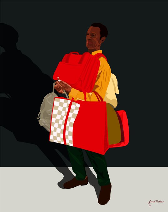 A stylized illustration of a man in a yellow jacket carrying multiple large bags, including a red bag and a checkered tote, against a dark background.