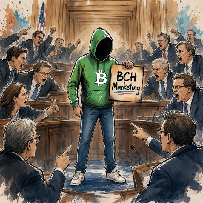 A watercolor-style illustration showing a hooded figure in a green Bitcoin Cash hoodie holding a 'BCH Marketing' sign, surrounded by angry politicians pointing and shouting in what appears to be a congressional chamber.