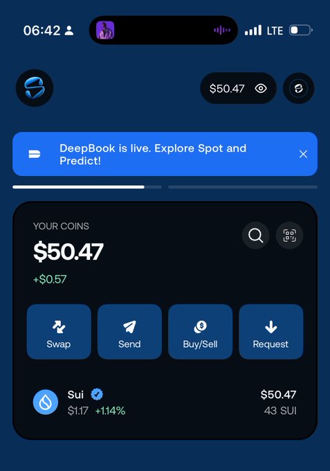 A mobile screenshot of a crypto wallet app showing a balance of $50.47 in Sui (SUI), with a banner 'DeepBook is live. Explore Spot and Predict!' and buttons for Swap, Send, Buy/Sell, and Request.