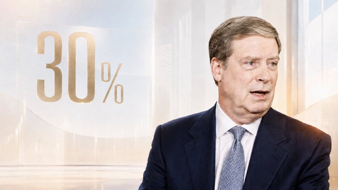 A news broadcast shot of a man in a suit and tie, with a large golden '30%' graphic displayed to his left against a city skyline backdrop.