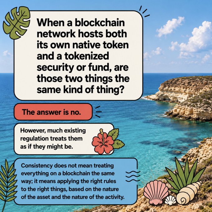 An infographic over a coastal background presents the question: "When a blockchain network hosts both its own native token and a tokenized security or fund, are those two things the same kind of thing?" It answers "The answer is no," noting that existing regulation often treats them as if they might be, and concludes that consistency means applying the right rules based on the nature of the asset and activity. The image aligns with the post's message about distinguishing protocol tokens from tokenized securities for proper regulatory treatment.
