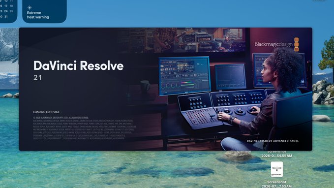 A DaVinci Resolve 21 loading edit page screen showing a colorist at a DaVinci Resolve Advanced Panel setup, with a 4K desktop or server needed warning, and countdown timers for download and server configuration.