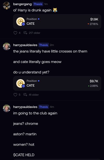 A screenshot of a FOMO forum thread where users "bambergang" and "harrypauldavies" post comedic drunk theses about the $CATE token—including observations about cross-emblazoned jeans and "cate literally goes meow"—aligning with the poster's reflection that drunk bull-posting $CATE theses is their favorite activity.