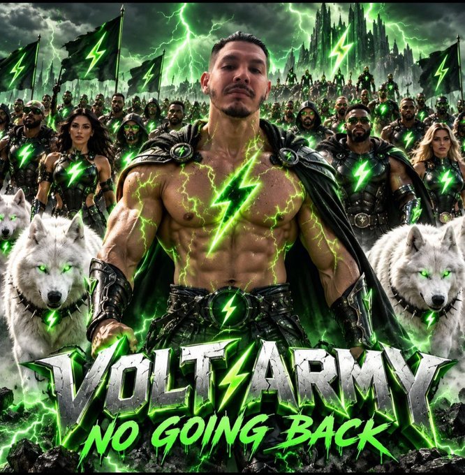 An AI-generated movie-style poster titled 'VOLT ARMY NO GOING BACK' showing a muscular man with green lightning effects, surrounded by an army, with two white wolves at the bottom.