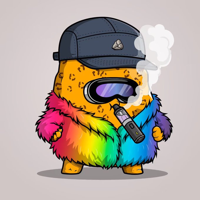 A cartoonish yellow character wearing a black cap, sunglasses, and a colorful rainbow fur coat is vaping, with smoke billowing around its head. The bold, rebellious aesthetic aligns with the post's bullish sentiment about "Rocks" and breaking through the 100 ETH volume mark on Rock Bottom, reflecting a confident, "stonks"-style attitude.