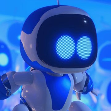 A 3D-rendered character resembling a small white and blue robot with glowing blue pixelated eyes.