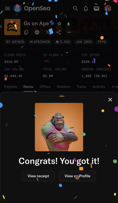 A screenshot of the OpenSea NFT marketplace showing a successful purchase confirmation that reads 'Congrats! You got it!' for an item called 'Gs on Ape' with a floor price of $416.05.