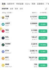 A mobile app screenshot showing cryptocurrency prices including USDT, TRX, SOL, FORM, ETH, BTC, and BNB, with their current values and 24-hour percentage changes in green.