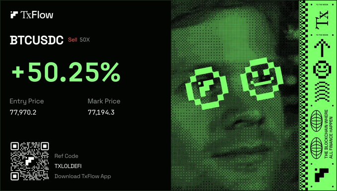 A promotional graphic for 'TxFlow' showing a trading position on 'BTCUSDC' with a +50.25% gain, alongside a green pixelated face wearing glasses and the text 'THE BLOCKCHAIN WHERE ALT FINANCE HAPPENS'.