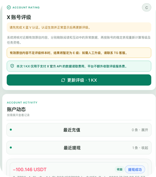 A crypto trading platform account rating interface in Chinese, showing an X account level upgrade (1XX) and account activity including recent deposits and withdrawals, with a -100.146 USDT balance.