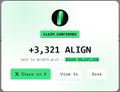 A receipt image showing "+3,321 ALIGN HEALTH NUTRITION" at Main Branch #2, which corresponds to the post claiming to have received $80 from a transaction, though the receipt displays a much higher amount of 3,321 ALIGN tokens.