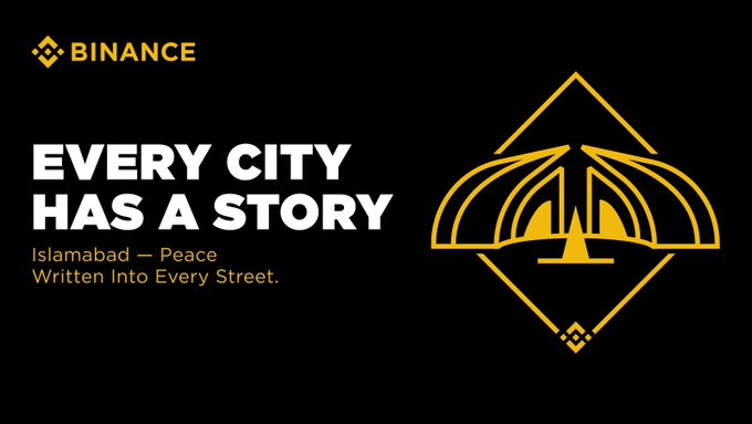 A Binance promotional banner with the headline "EVERY CITY HAS A STORY" highlighting Islamabad, featuring the tagline "Islamabad — Peace Written Into Every Street" alongside a golden illustration of the Faisal Mosque. The image ties into Day 3 of Binance's "Every City Has a Story" campaign, celebrating Islamabad's iconic landmarks like Faisal Mosque, Margalla Hills, and F-6 evenings while inviting users to share their favorite Islamabad photo.