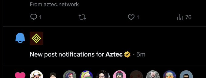 The image shows a social media post with a list of people's names and their corresponding ages. The post also includes a message about a life hack that can boost one's confidence by turning notifications for @aztecnetwork into an hourly reminder, ensuring they are aware of new posts at least once per hour.