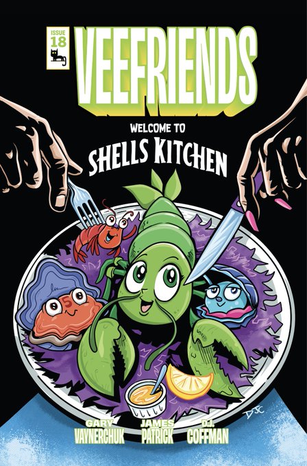 Cover of 'VEEFRIENDS' Issue 18 titled 'WELCOME TO SHELLS KITCHEN' featuring animated seafood characters on a plate.