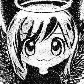 A grainy, black-and-white anime-style illustration of a character with large eyes and a halo.