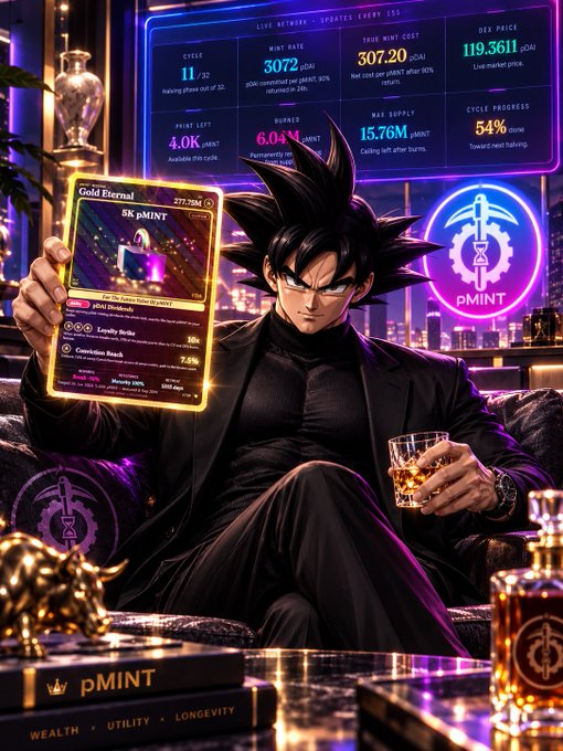 An anime-style illustration of a spiky-haired man in a black outfit holds up a glowing 'Gold Eternal 5K pMINT' trading card while sitting in a luxurious room with a whiskey glass, displayed alongside stats like 'DEX PRICE 119.3611 pMINT' and 'CYCLE 11 /25'.