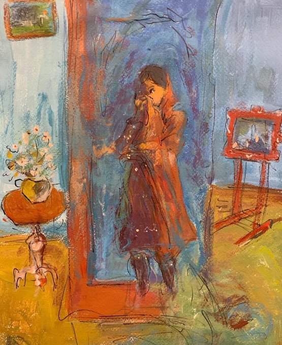 𝗡𝘁𝗲𝗿𝗰𝗮𝗻𝘀 𝟬/𝟭 painting of a woman with a cat, sitting at a table next to a mirror. The painting is in an impressionist style and has been showcased on @TransientLabs Link.
