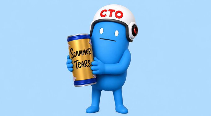 A 3D-rendered blue cartoon character wearing a white helmet labeled 'CTO' holds a yellow can marked 'SCAMMER TEARS'.