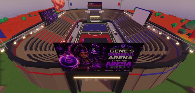 A 3D-rendered virtual stadium designed for 'Gene's Watch Arena,' featuring a basketball court, tiered seating, and promotional screens, set within a blocky, Minecraft-style landscape.
