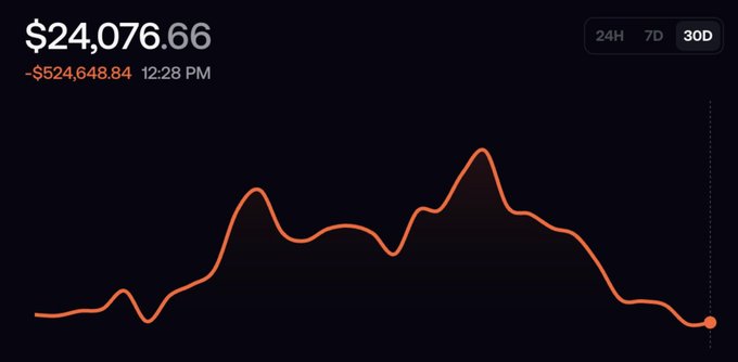 A dark-themed line chart showing a value of $24,076.66 with a loss of -$524,648.84, displaying a 30-day trend with peaks and a downward trajectory.