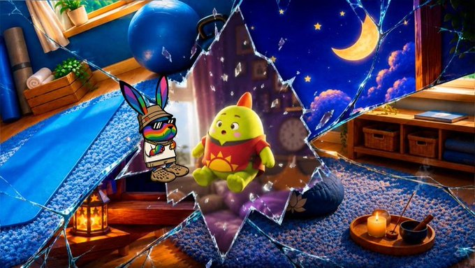 A vibrant, surreal digital artwork showing various toy-like characters reflected in a shattered mirror within a cozy bedroom setting at night.