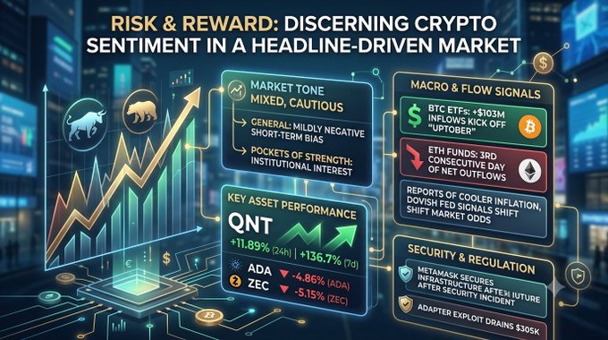 A financial infographic titled 'RISK & REWARD: DISCERNING CRYPTO SENTIMENT IN A HEADLINE-DRIVEN MARKET,' displaying market tone, QNT, ADA, and ZEC asset performance, plus macro signals and security/regulation updates.
