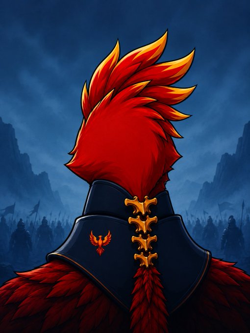 A fiery phoenix warrior viewed from behind, his crimson plumage and ornate golden armor standing prominently against an army silhouetted on a battlefield—embodying the post's message of resilience and rebirth tied to the $PHNIX token.