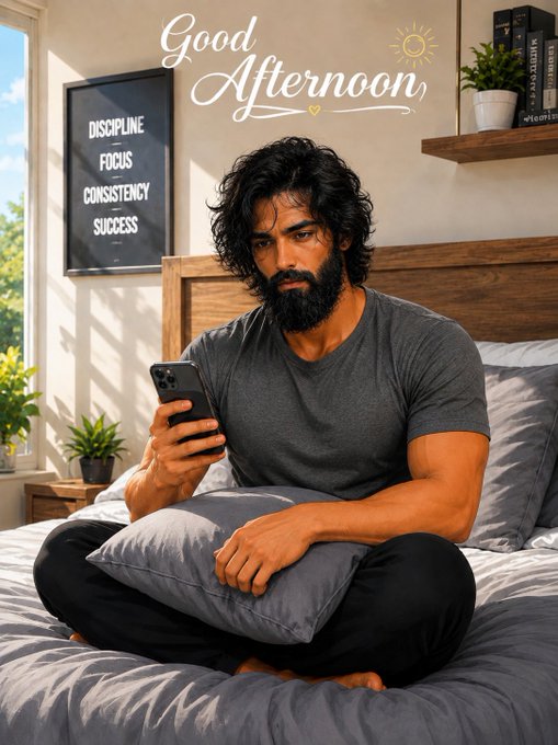 A bearded man with long hair sits on a bed looking at his phone, with a 'Good Afternoon' banner above and a framed poster reading 'DISCIPLINE FOCUS CONSISTENCY SUCCESS' on the wall behind him.