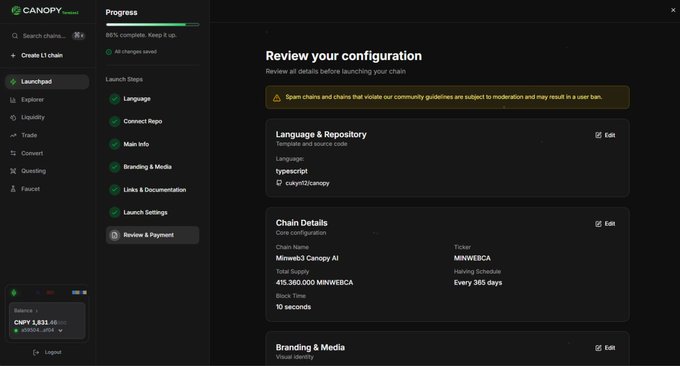 A screenshot of the Canopy platform shows a 'Review your configuration' page for launching a chain named 'Minweb3 Conopy AI' with TypeScript, a 415,360,000 MINWEBCA total supply, and 10-second block time.
