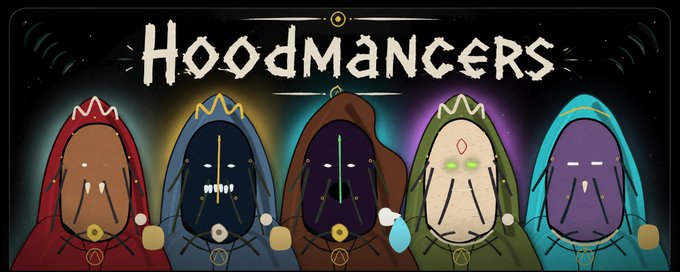 The title 'Hoodmancers' is displayed above five hooded cartoon characters in red, blue, brown, tan, and cyan colors against a dark background.