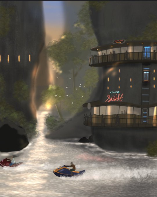 A digital painting of two jet skis speeding through water in a misty canyon, with a multi-story building labeled "CLUB Susie" built into the cliffside on the right.