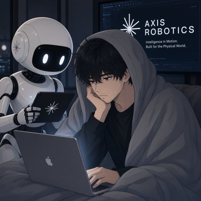 An anime-style illustration shows a hooded young man working on an Apple laptop while a white robot with glowing eyes holds a tablet beside him, with 'AXIS ROBOTICS - Intelligence in Motion. Built for the Physical World.' displayed on a background monitor.