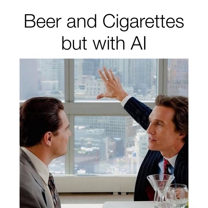 Meme image with text 'Beer and Cigarettes but with AI' showing Leonardo DiCaprio and Matthew McConaughey from The Wolf of Wall Street in their iconic high-five scene.