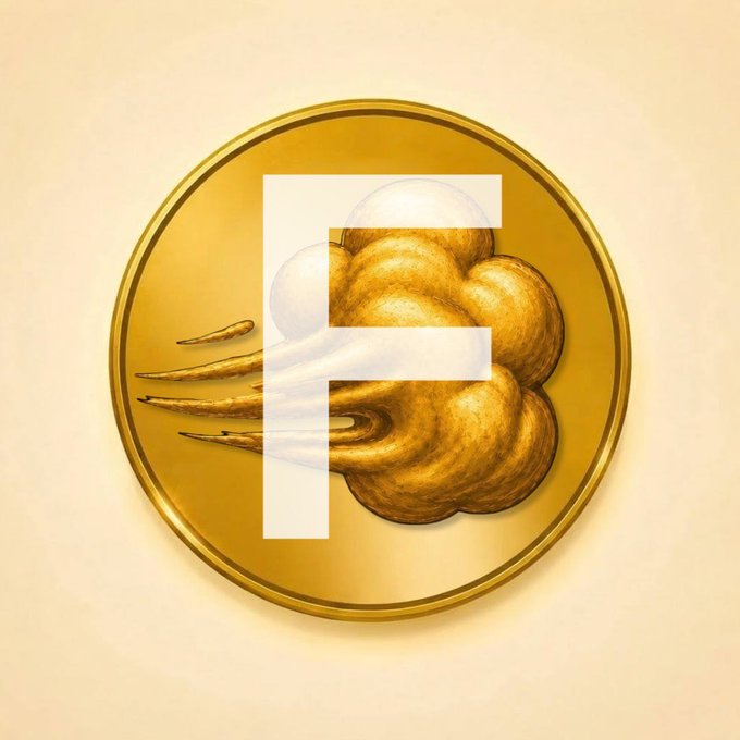 A gold coin featuring a sculpted cloud with lightning bolts, overlaid with a large white letter "F" that represents the ticker $FARTE, symbolizes the explosive start of a bullish market run.