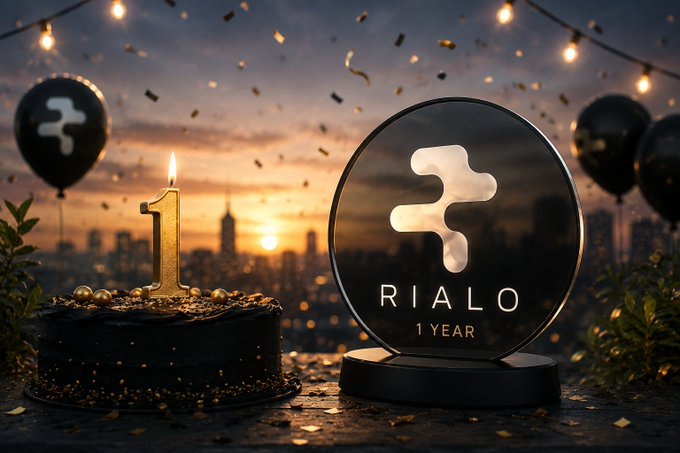 A celebratory graphic featuring a 1st anniversary 'RIANO' logo and a birthday cake with a lit '1' candle against a city skyline at sunset, with confetti and black balloons.