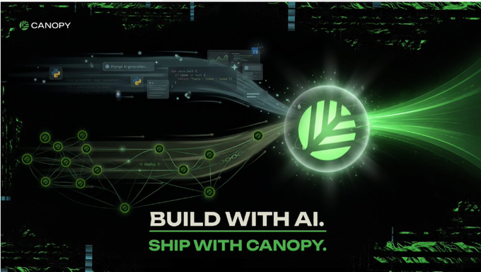 Promotional banner for Canopy with the text 'BUILD WITH AI. SHIP WITH CANOPY.' featuring a green glowing logo over a dark background with data visualization graphics.