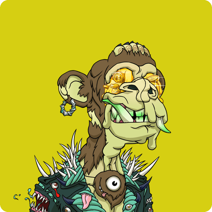 The image features a cartoon monkey with a green face, wearing a green outfit that includes spikes and a helmet. The monkey has a large nose and teeth, giving it an intimidating appearance. The background of the image is yellow, which contrasts with the monkey's green attire. There are also some text elements in the image, including "mutant #8995" and "opensea.io/collection/mut …" These details suggest that this image might be related to a post or social media account about the monkey character from the comic book series "Mutants Are Insane".