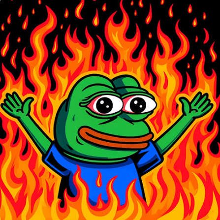 The Pepe the Frog cartoon character stands with arms raised against a backdrop of bright orange and yellow flames.