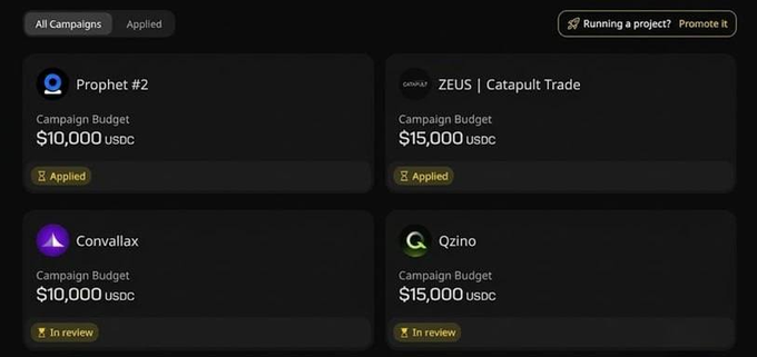 A campaign management dashboard showing applied campaigns including "Prophet #2" and "ZEUS | Catapult Trade" with $10,000 and $15,000 USDC budgets, alongside "Convallax" and "Qzino" marked as in review.