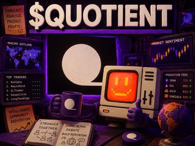 A purple-themed digital illustration shows the word '$QUOTIENT' as a title, with a retro computer displaying an orange smiley face giving a thumbs up. The scene includes a mug, a globe, and various screens displaying 'MACRO OUTLOOK', 'MARKET SENTIMENT', 'TOP TRADERS' (OxAlpha, MacroMind, Q_Trader, Geopolitiq, LongTermEdge), and a 'PREDICTION FEED' for items like IRAN (72%), OIL (68%), and GOLD (61%).
