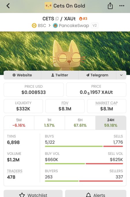 A mobile screenshot from a crypto tracking app showing the token "Cets On Gold" (CETS / XAUT) on BSC via PancakeSwap V2, displaying a price of $0.008533, ~$332K liquidity, $8.1M market cap, and recent gains of +67.61% over 6 hours and +59.18% over 24 hours. The image relates to the post by highlighting a meme coin with strong short-term momentum, suggesting it could be a promising "bagworking" opportunity.