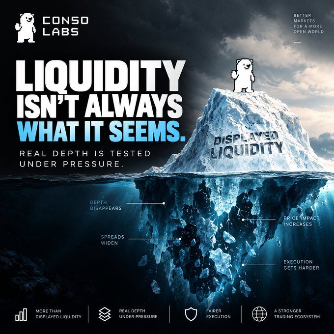 A promotional graphic from 'CONSO LABS' featuring a polar bear on an iceberg with the text 'LIQUIDITY ISN'T ALWAYS WHAT IT SEEMS. REAL DEPTH IS TESTED UNDER PRESSURE' and an iceberg diagram showing 'DISPLAYED LIQUIDITY' above water with underwater effects like 'DEPTH DISAPPEARS', 'SPREADS WIDEN', 'PRICE IMPACT INCREASES', 'EXECUTION GETS HARDER'.
